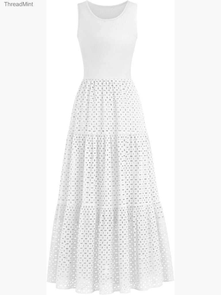 Sleeveless A-Line Maxi Dress With Pockets, Hollow Out Eyelet Tiered Skirt